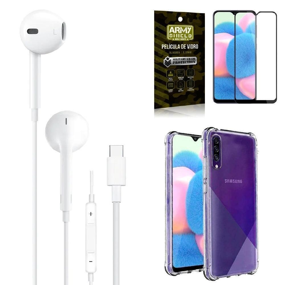 Capa samsung a30s + fone de ouvido tipo c + película 3d