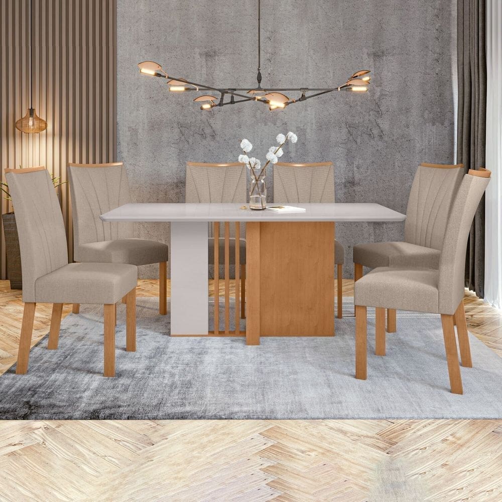 Conjunto Mesa 160cm Astrid com Vidro e 6 Cadeiras Apogeu Amêndoa Clean/Off White/Bege