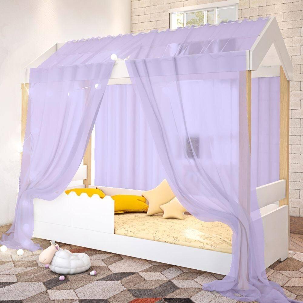 Cama Jéssica Solteiro Branco Voal Lilás Com Colchão E Led