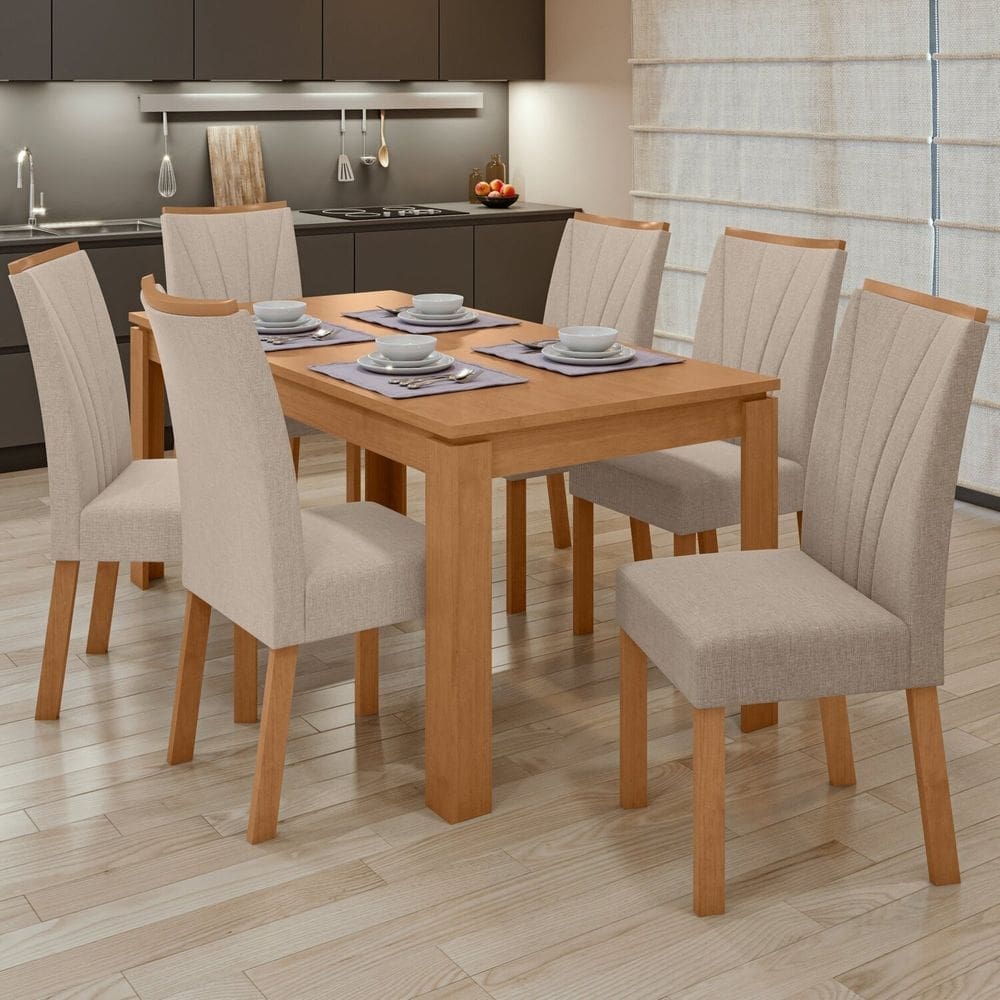 Conjunto Mesa 180cm Athenas com 6 Cadeiras Apogeu Amêndoa Clean/Rinzai Bege