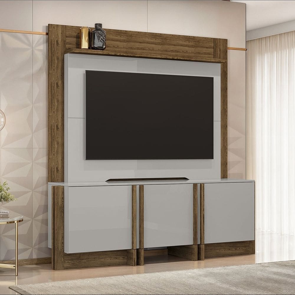 Home Orlando Tvs até 60 Polegadas Design Moderno 3 Portas Puxadores Mdf Revestido Off-White/Ipê
