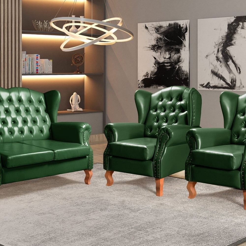 Conjunto Imperador Sofá com Poltronas Chesterfield Decoração Retrô Vintage Verde