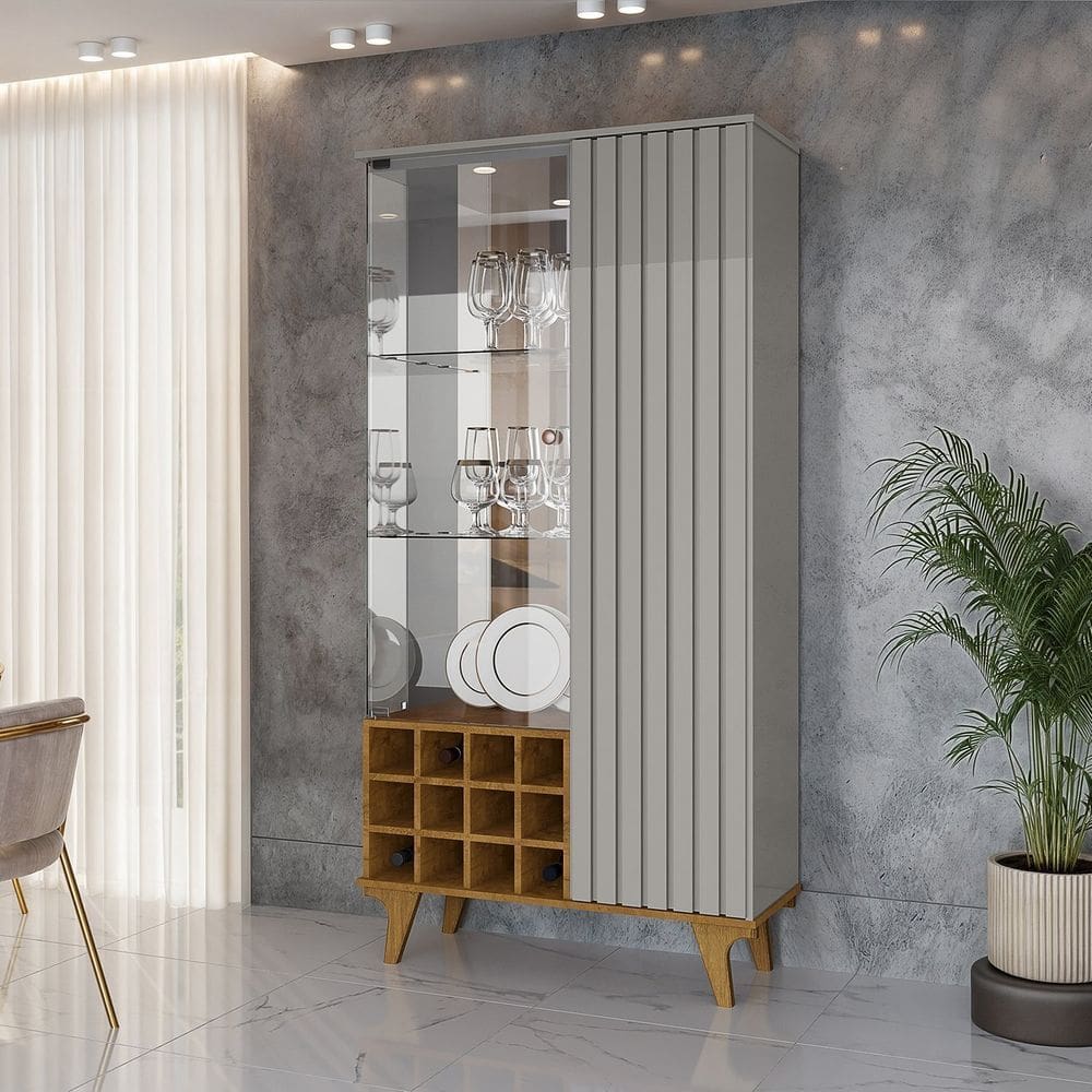 Cristaleira Elba Ripado Real Portas de Vidro Pés de Madeira Maciça 12 Nichos Garrafeiros Off-White/Naturalle