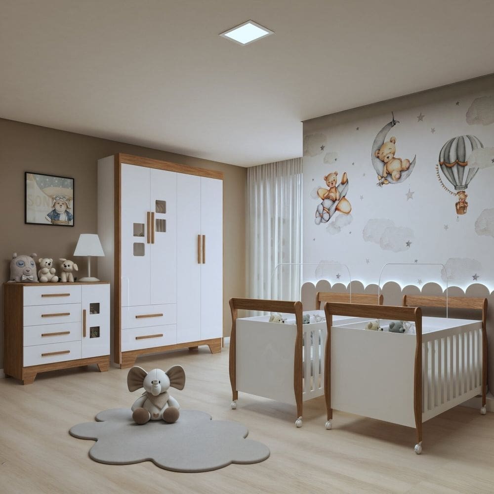 Quarto de Bebê Completo Gêmeos com Guarda-roupa, 2 Berços e Cômoda Gael Branco/Amadeirado