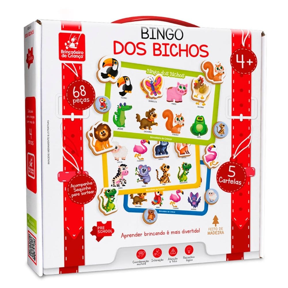 Jogo Bingo Dos Bichos Brinquedo Madeira Educativo 61 Peças