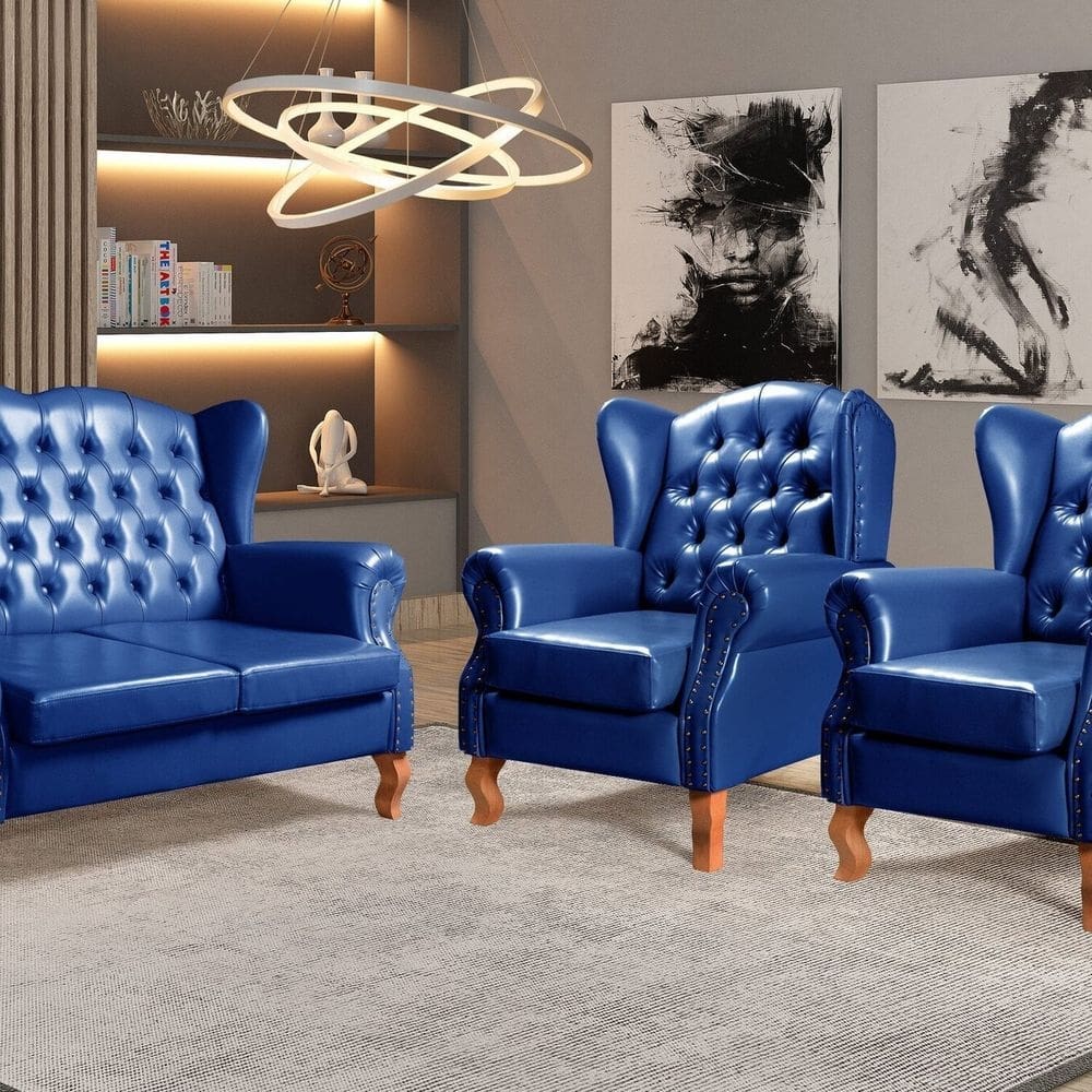 Conjunto Imperador Sofá com Poltronas Chesterfield Decoração Retrô Vintage Azul