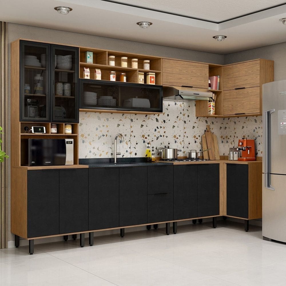 Cozinha Modulada Toscana 7 Peças Mdf com Paneleiro 1 Forno e Armários Canto Freijó/Nero
