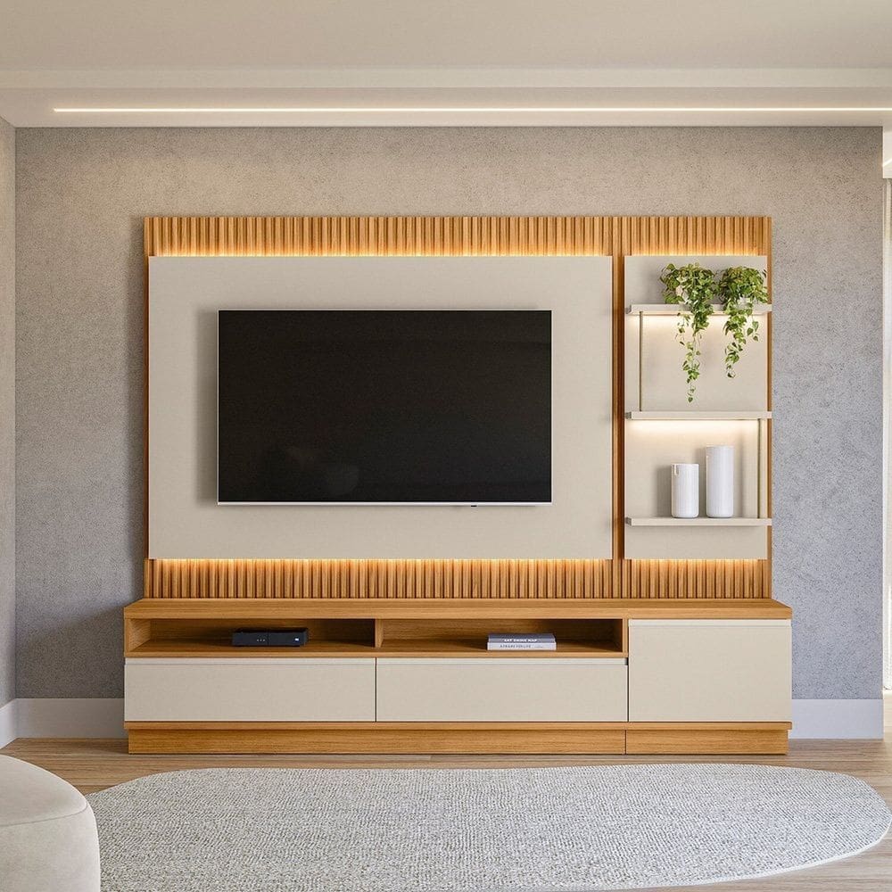 Conjunto para Tv até 70 Polegadas Rack + Painel + 1 Módulo Lateral San Paulo Tatuari/Off White Fosco
