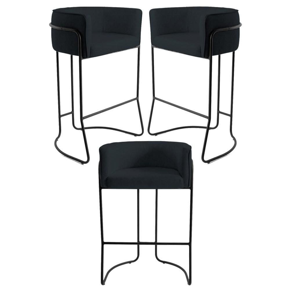 Kit 3 Banquetas Base Aço Preto Betina C-05 Corano Black - Domi