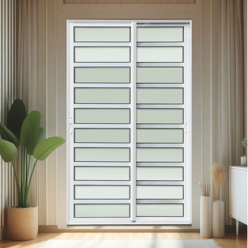 Porta de Correr com Travessas 2 Folhas Moveis 210 X 120 Elite com Fecho Automático Vidro Liso Branco