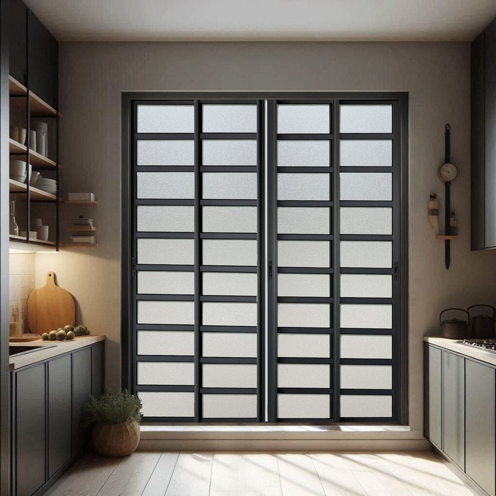 Porta de Correr com Travessas 4 Folhas Moveis 210 X 240 Elite com Fecho Automático Vidro Liso Preto