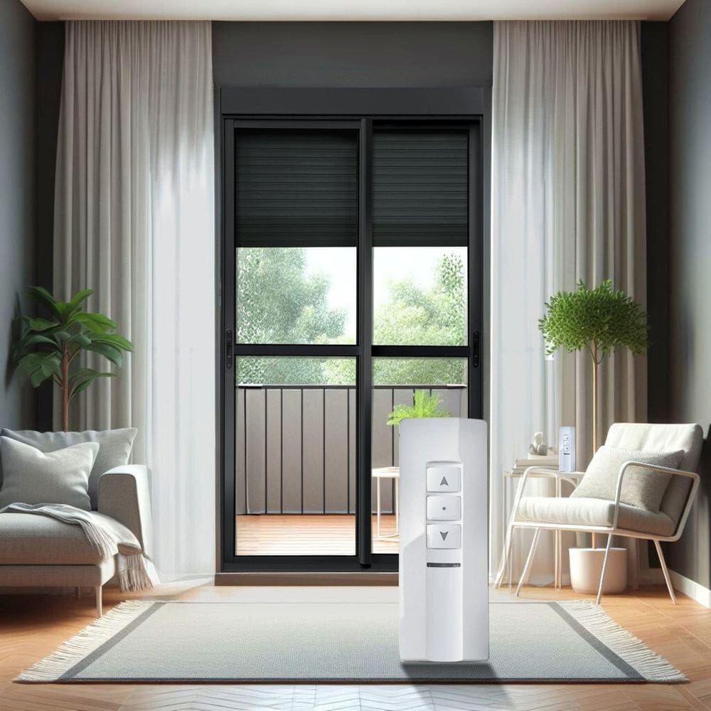 Porta de Correr com Persiana integrada Correr com Motor e Controle Remoto 2 Folhas Móveis 230 X 120 Preto