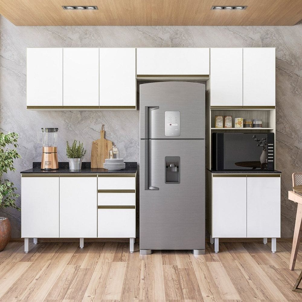 Cozinha Completa Angelita 11 Portas 4 Gavetas 100% Mdf Bianco Tok / Banco UV