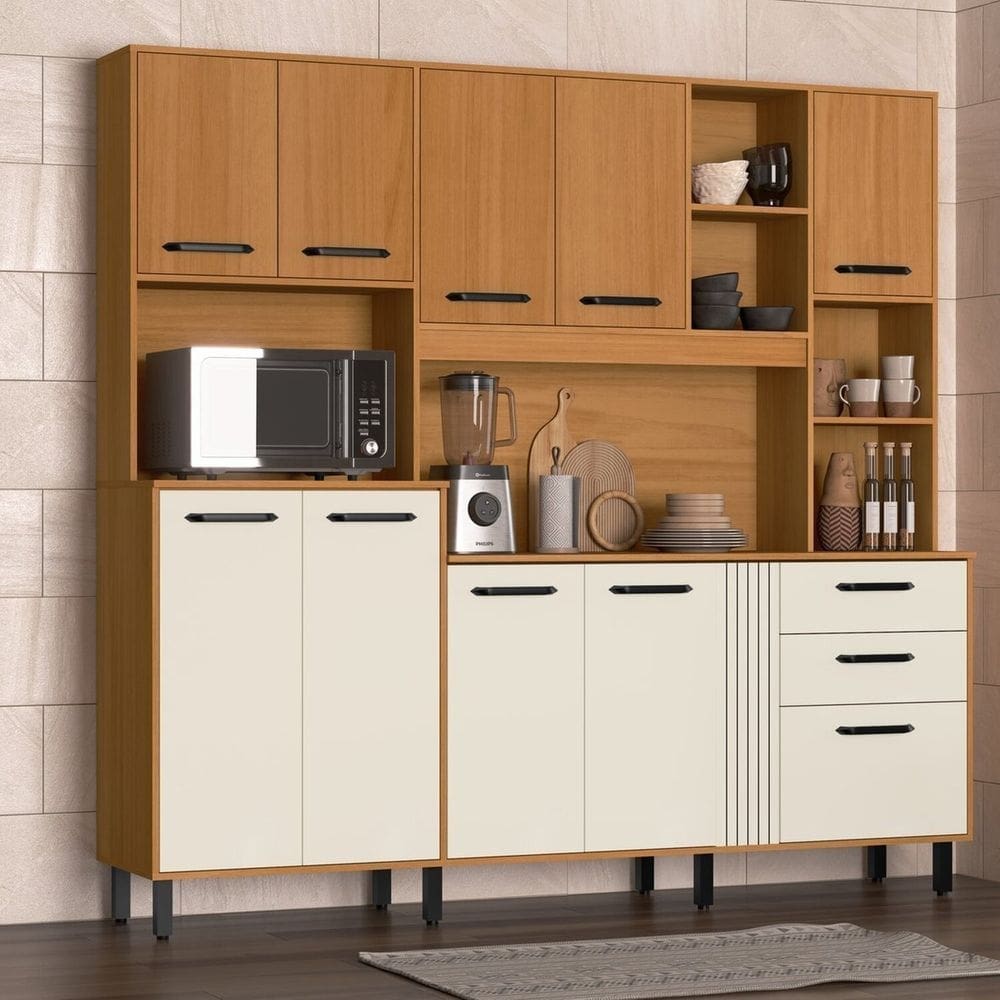 Kit de Cozinha Sole Grafiatto 10 Portas 2 Gavetas com Nichos e com Espaço Micro-ondas 210cm Marrom/Champanhe