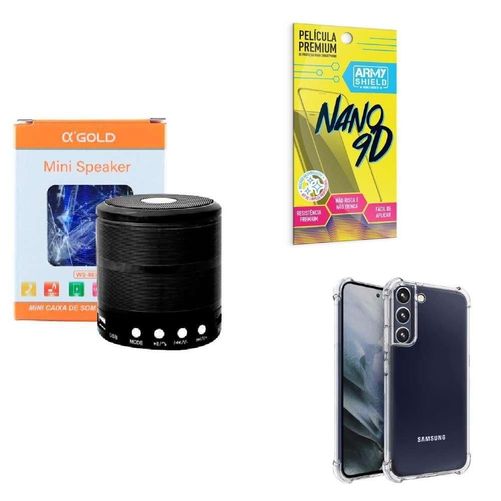 Kit caixa de som + capinha samsung s22 plus + película 9d