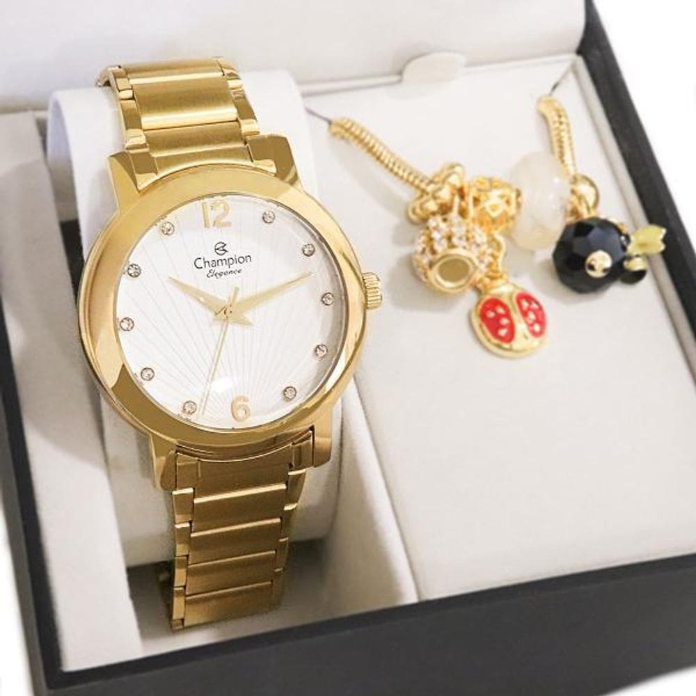 Relógio Champion Feminino Dourado Cn25869W + Pulseira