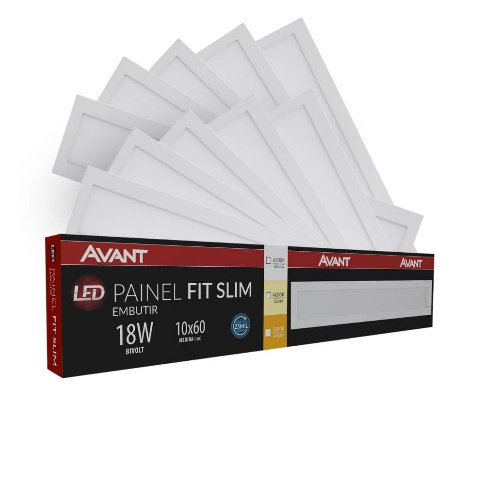 Painel Led Avant Retangular 18w 10x60cm Embutir 3000k 10 Un.