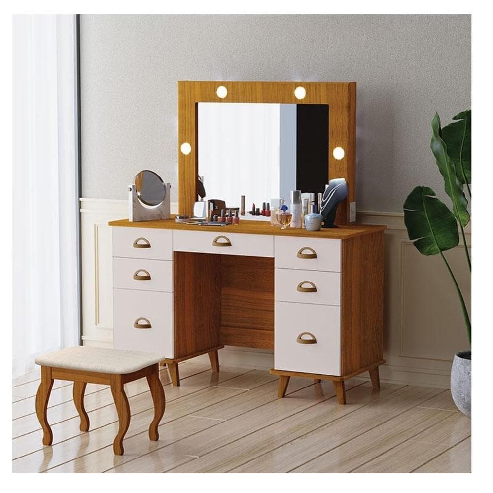 Penteadeira Camarim New Seul com Banqueta Almofadada Ambiente Freijó Maní - Luapa