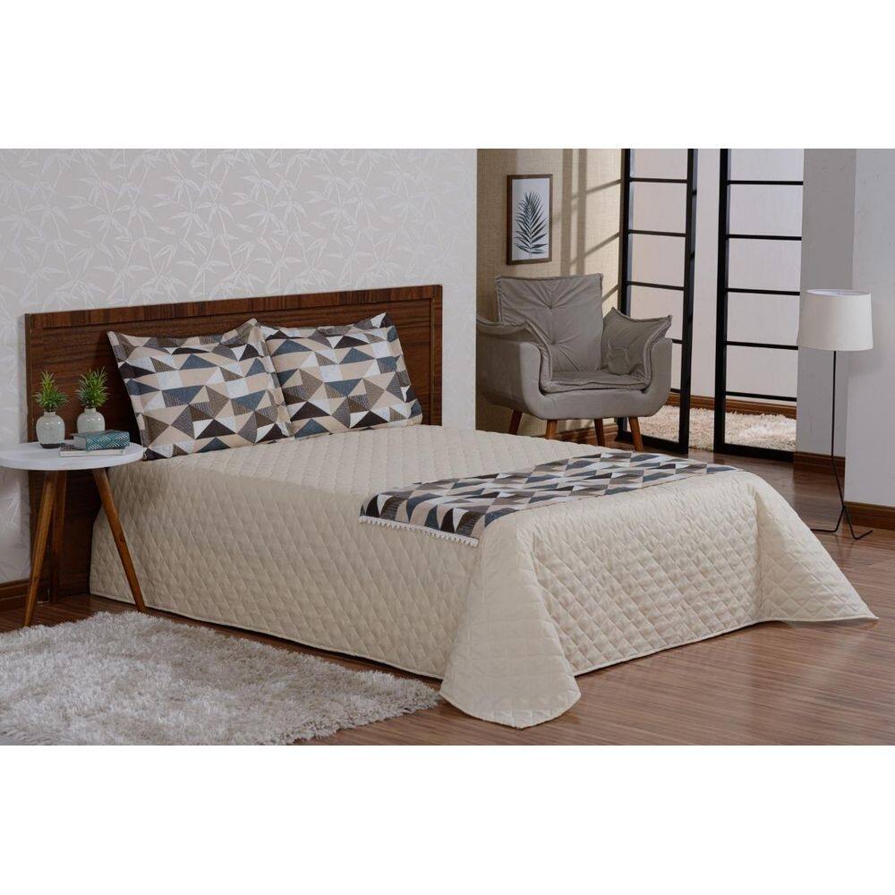 Colcha xale 50% algodão 4 peças valencia cáqui luxo casal
