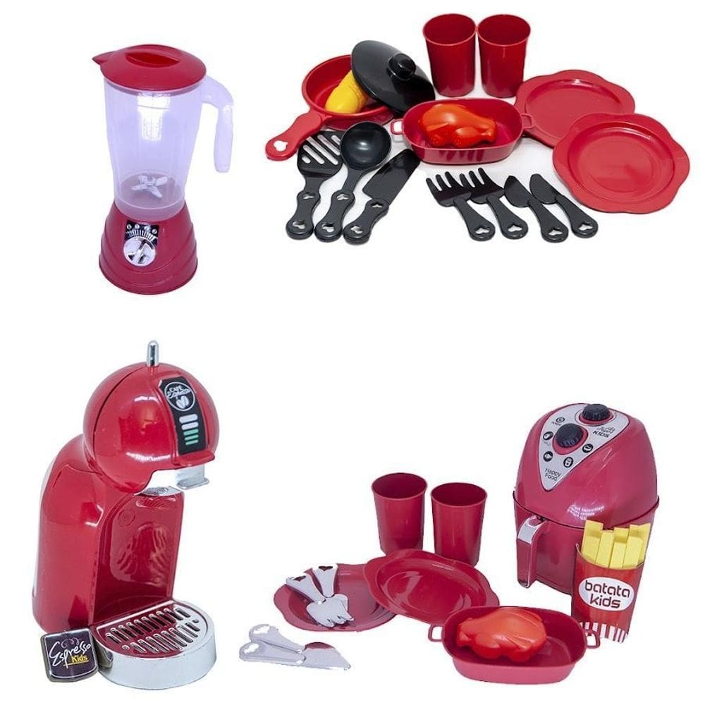 Kit cozinha brinquedo cafeteira vermelho air fryer louça 27p