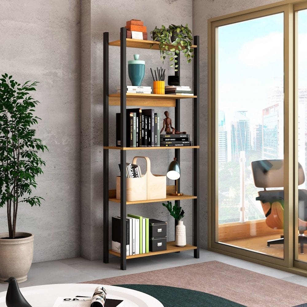 Estante para Livros Nobre 5 Prateleiras Estilo Industrial Freijó/Black - Panorama Móveis