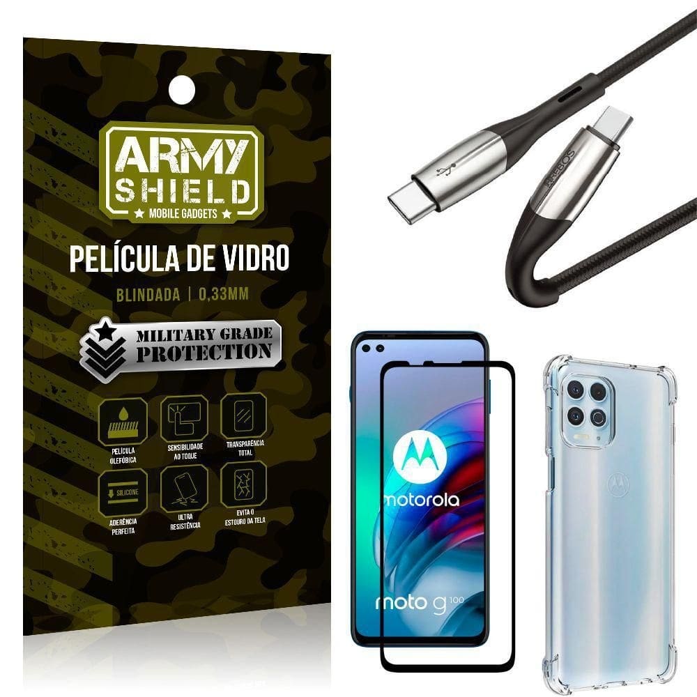 Cabo usb tipo c para usb-c hs-167 moto g100+capa+película 3d