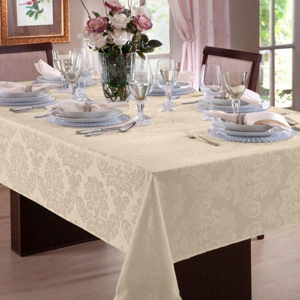 Toalha Mesa Retangular 2,7X1,4 Jacquard Pérola +8 Guardanapo