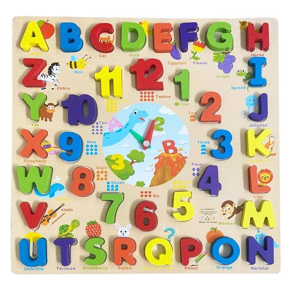 Relógio de encaixe alfanúmerico em mdf montessori toy mix