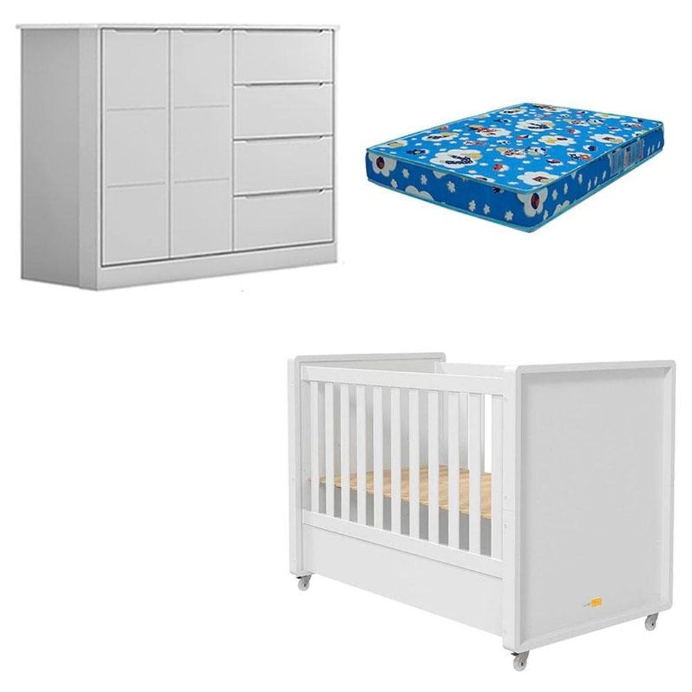 Berço Americano Tutto New e Cômoda Infantil Eloá Branco Acetinado com Colchão Ortobom – Phoenix Baby