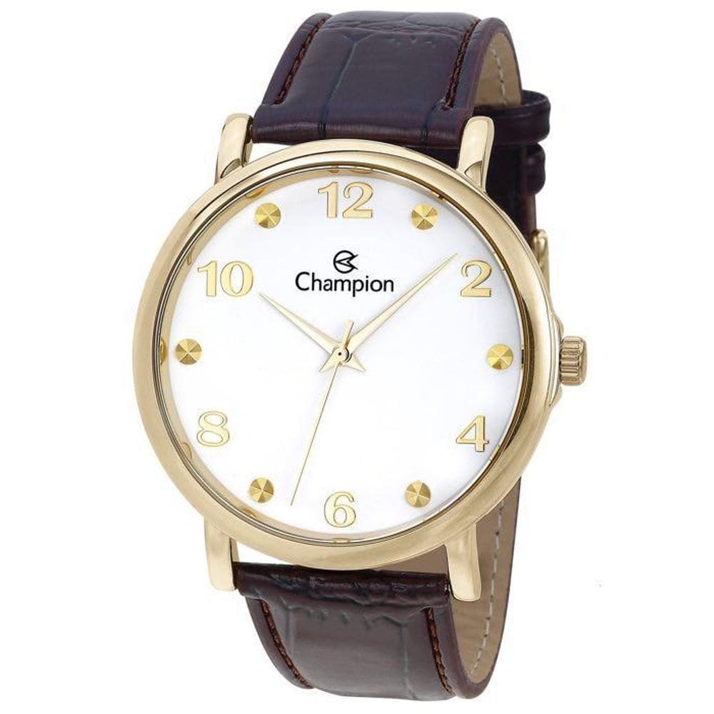 Relógio masculino dourado champion pulseira couro marrom +