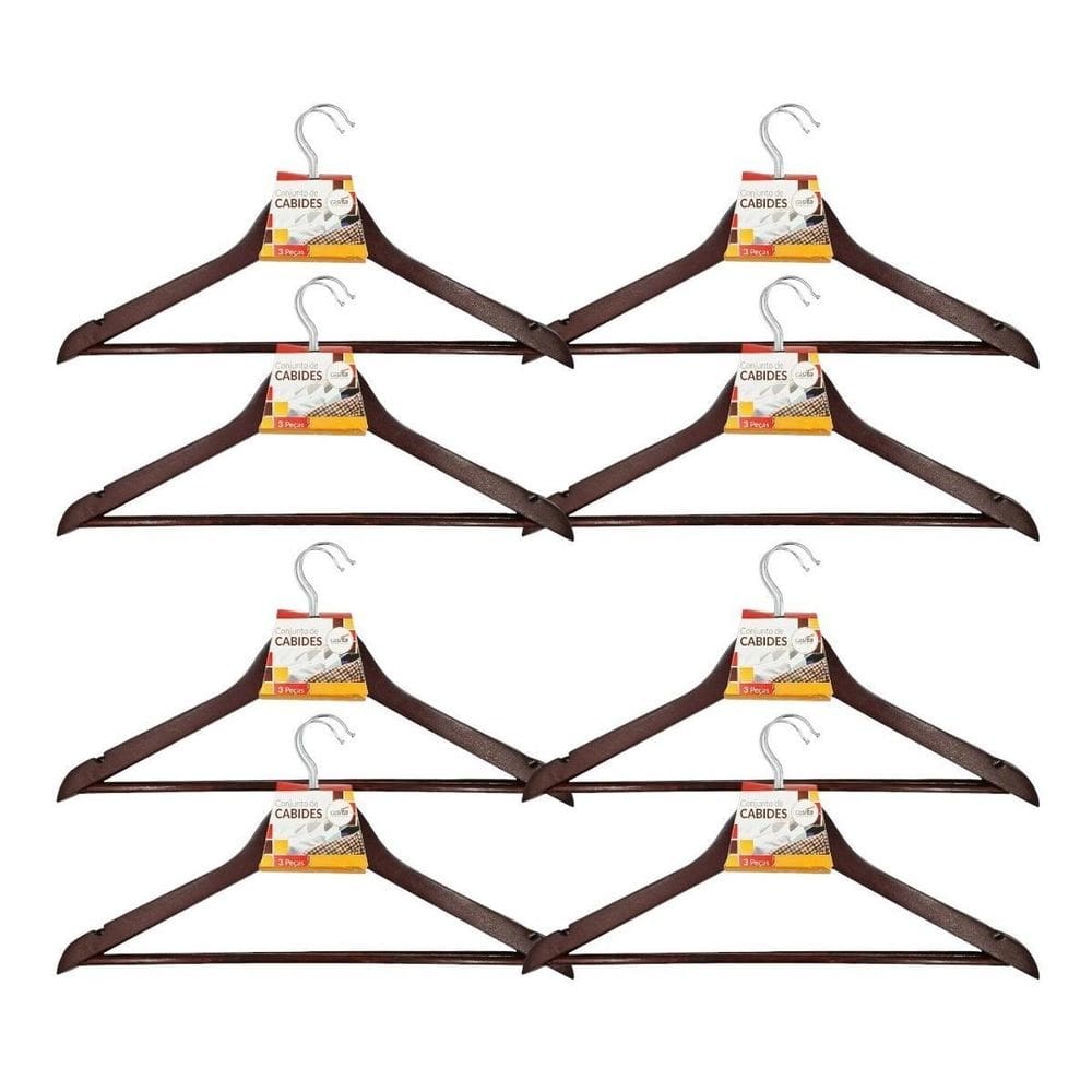 Kit 24X Cabides Madeira Marrom Gancho De Roupas Com Cavas