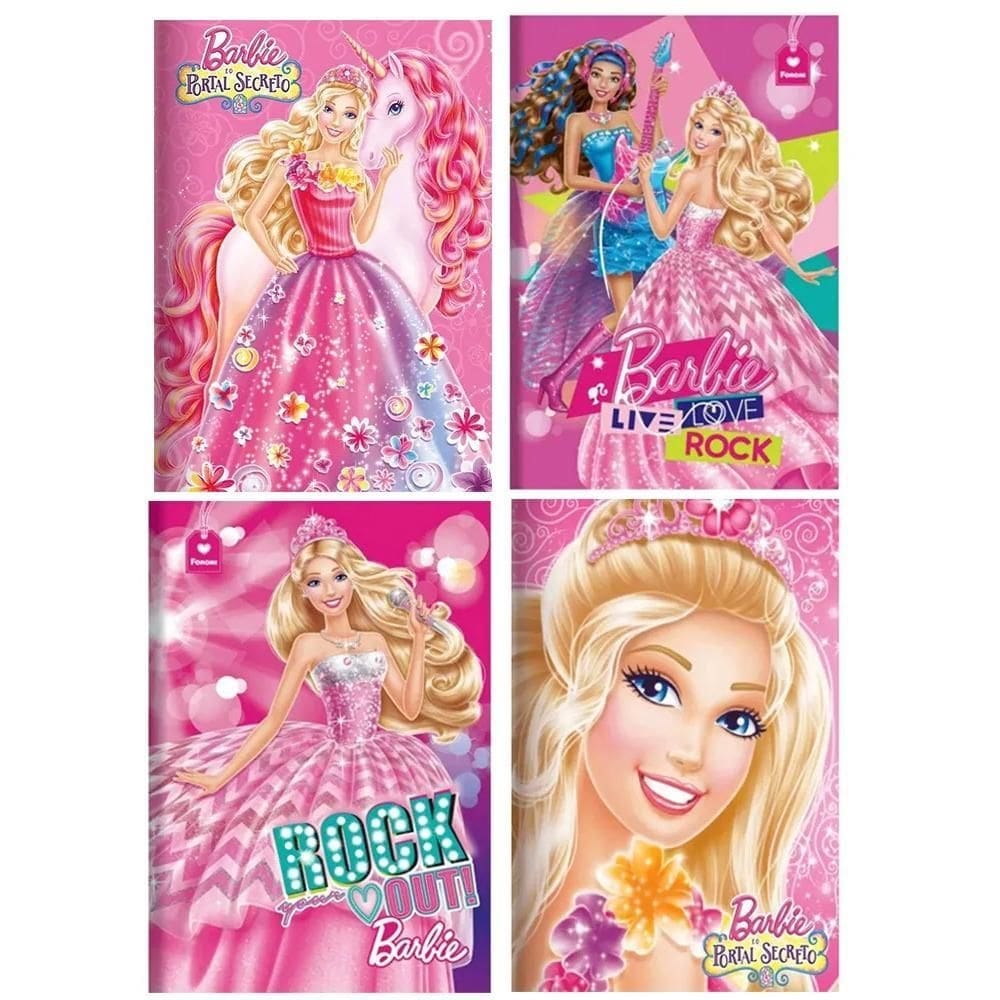 Kit 6 cadernos barbie grande escolar costurado com pauta