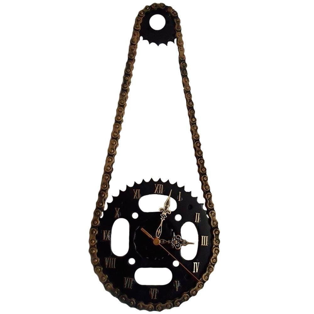 Relógio de parede moto corrente e coroa aço black gold