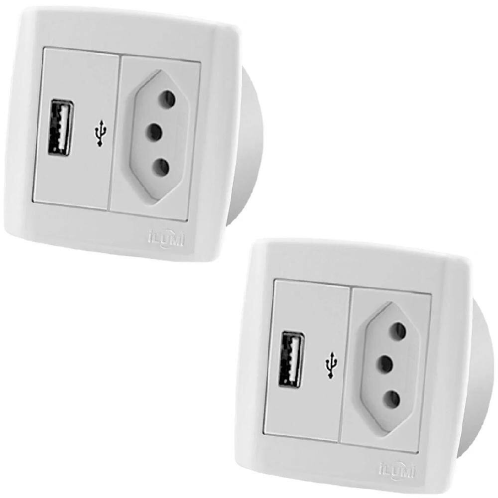 Kit com 2 pç usb 2a tomada 10a para móveis ilumi slim branca