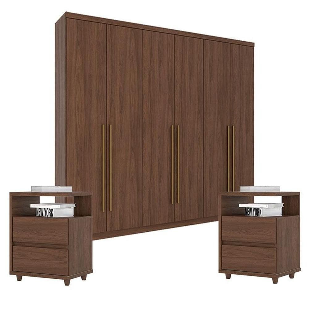 Guarda Roupa Casal Jade com Kit Mesa de Cabeceira Castanho - Henn