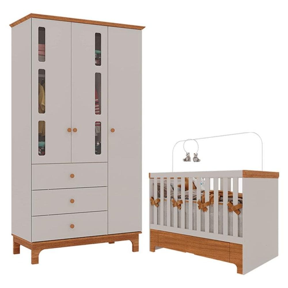 Berço Americano Mini Cama com Gaveta e Guarda Roupa Infantil Antonella 3 Portas Off White Caramelo - Canaã