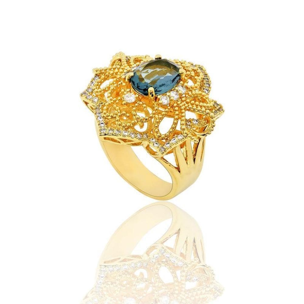 Anel helene zirconias brancas e azul folheado a ouro