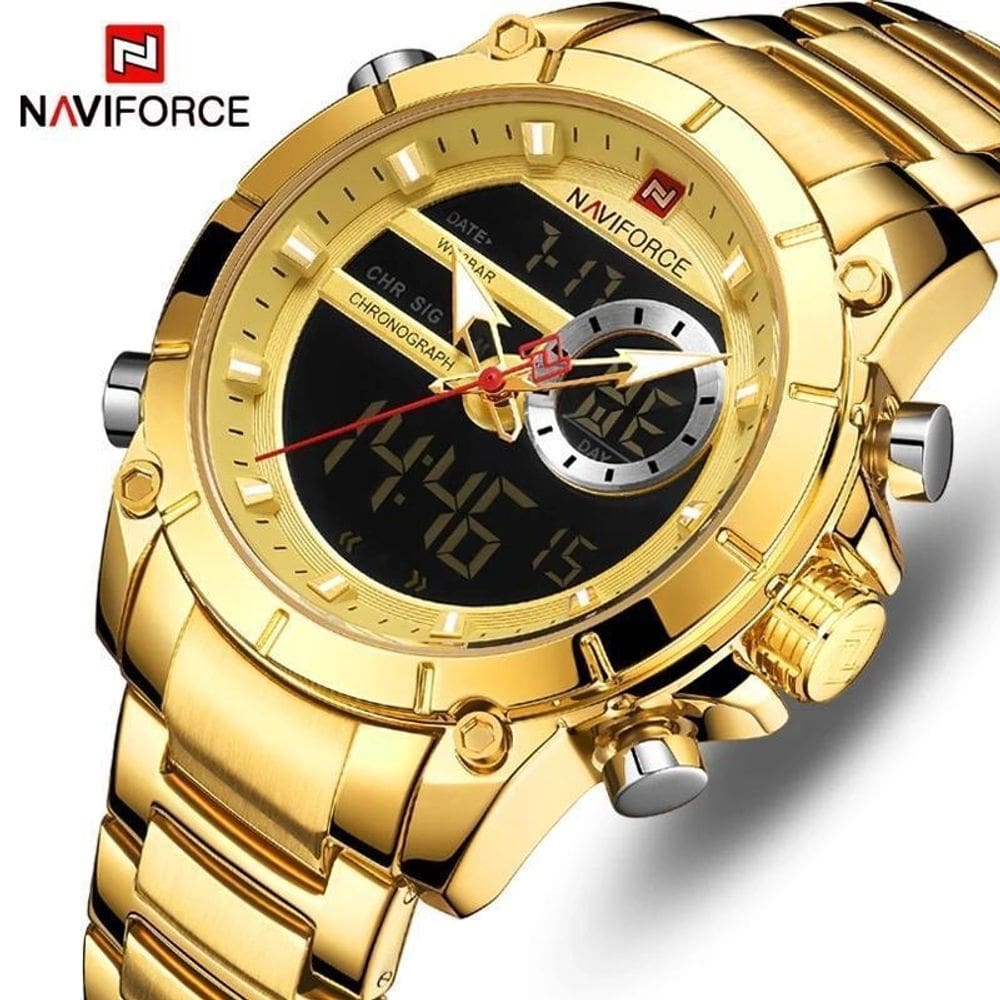 Relógio masculino naviforce 9163 dourado inox 3atm quartz