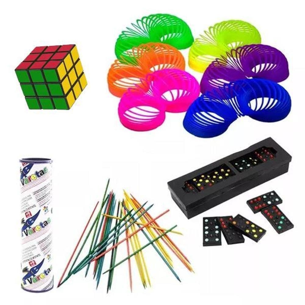 Kit 100 brinquedo mola maluca pega vareta domino cubo mágico