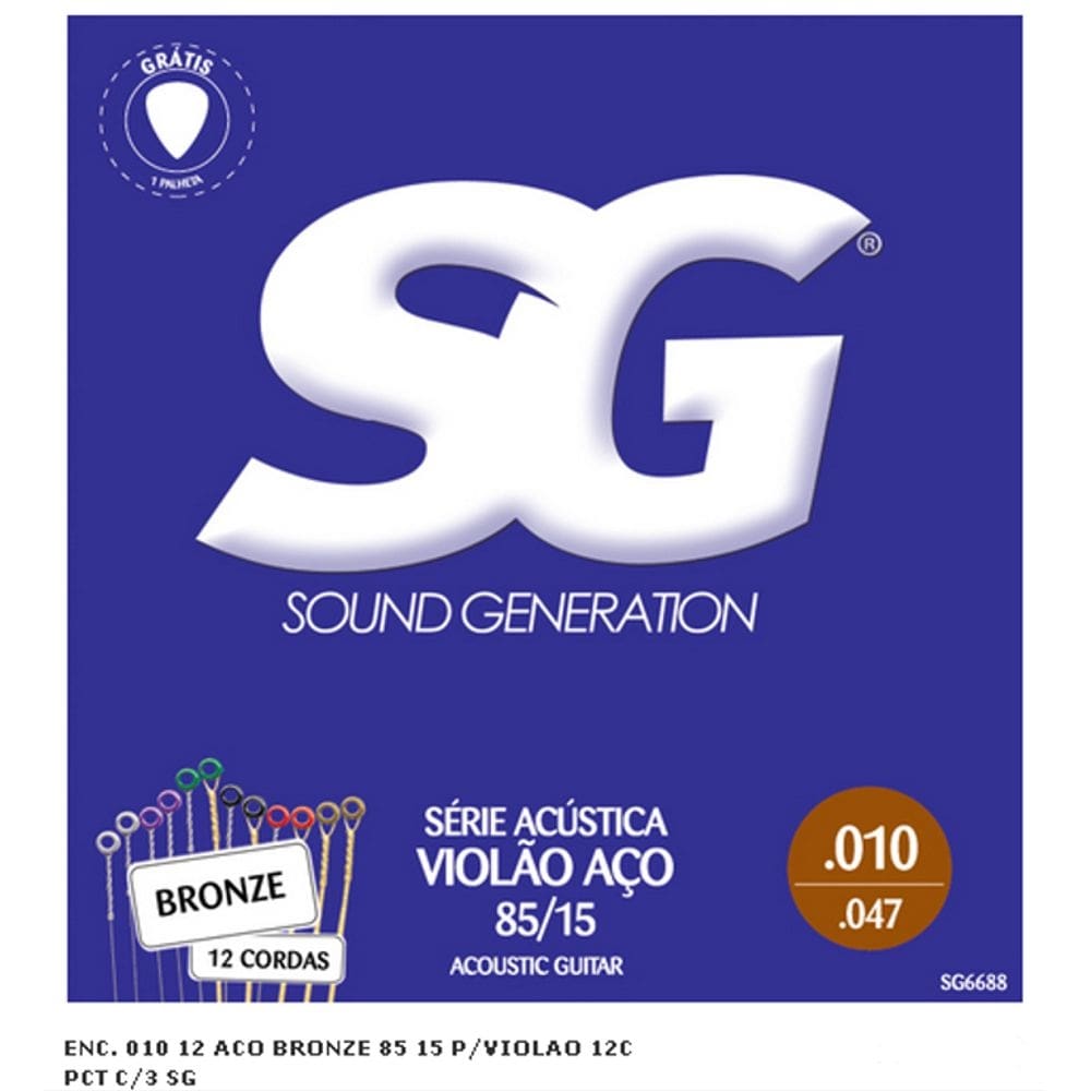 Encordoamento violão 12 cordas aço 010 sg palheta