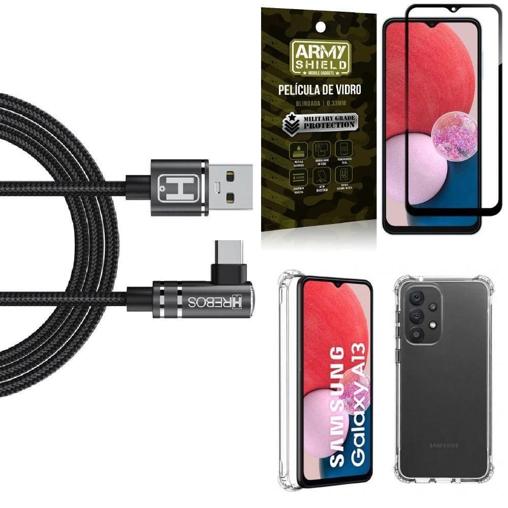 Kit capa samsung a13 4g + cabo em l tipo c hs180 + película