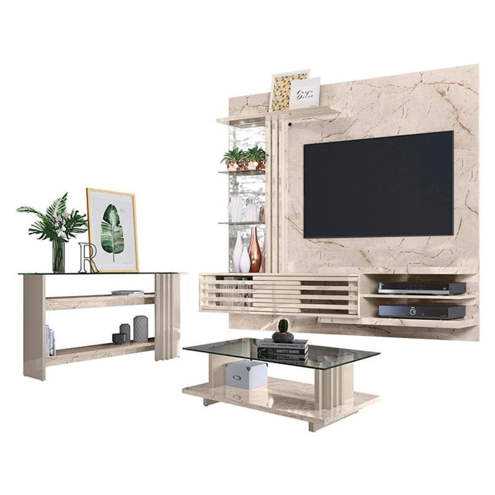 Estante Home Theater Suspenso com Aparador e Mesa de Centro Frizz Supreme Calacata Off White – Madetec