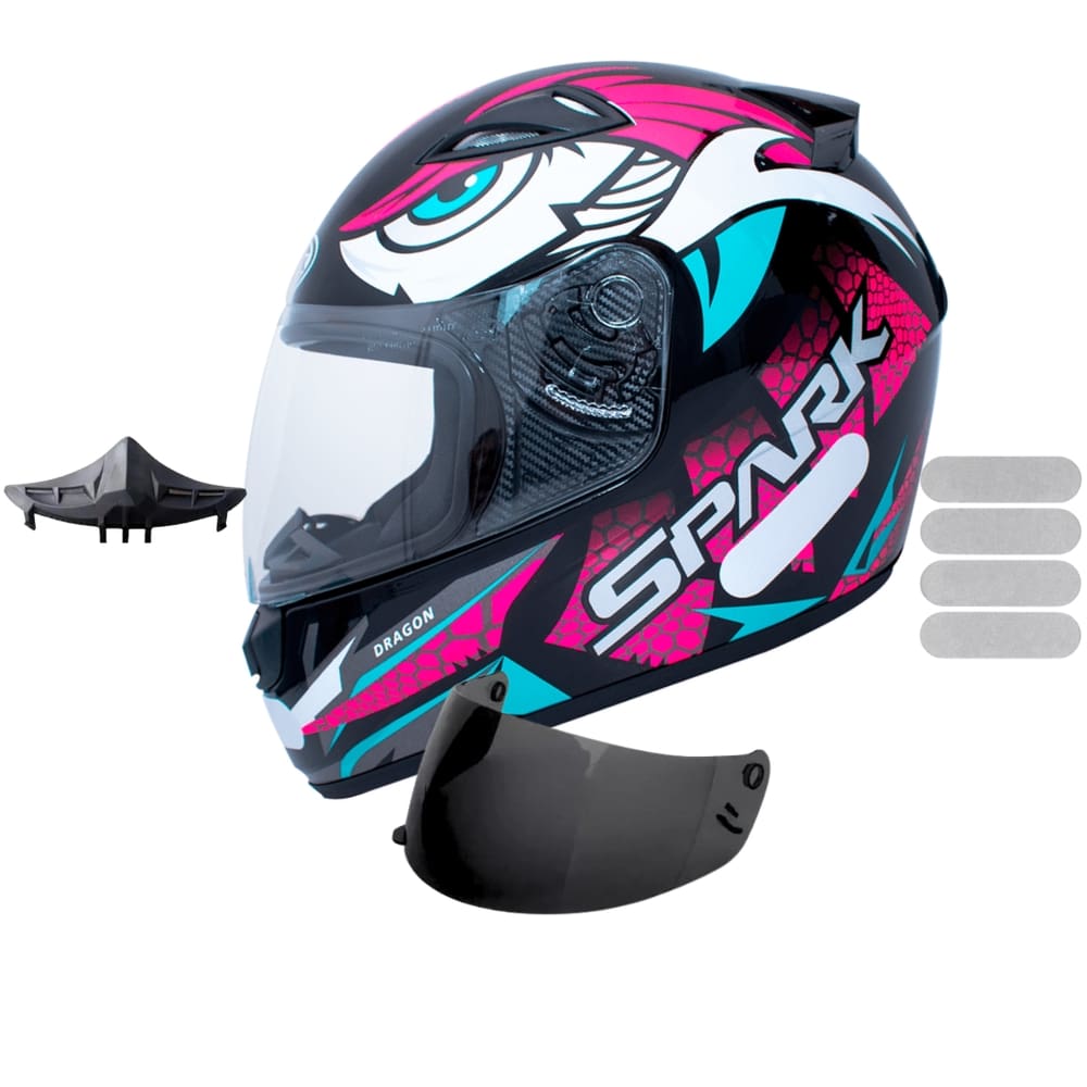 Capacete Ebf Spark Dragon Preto Rosa Com Narigueira Mais Viseira Fumê e Adesivo Branco