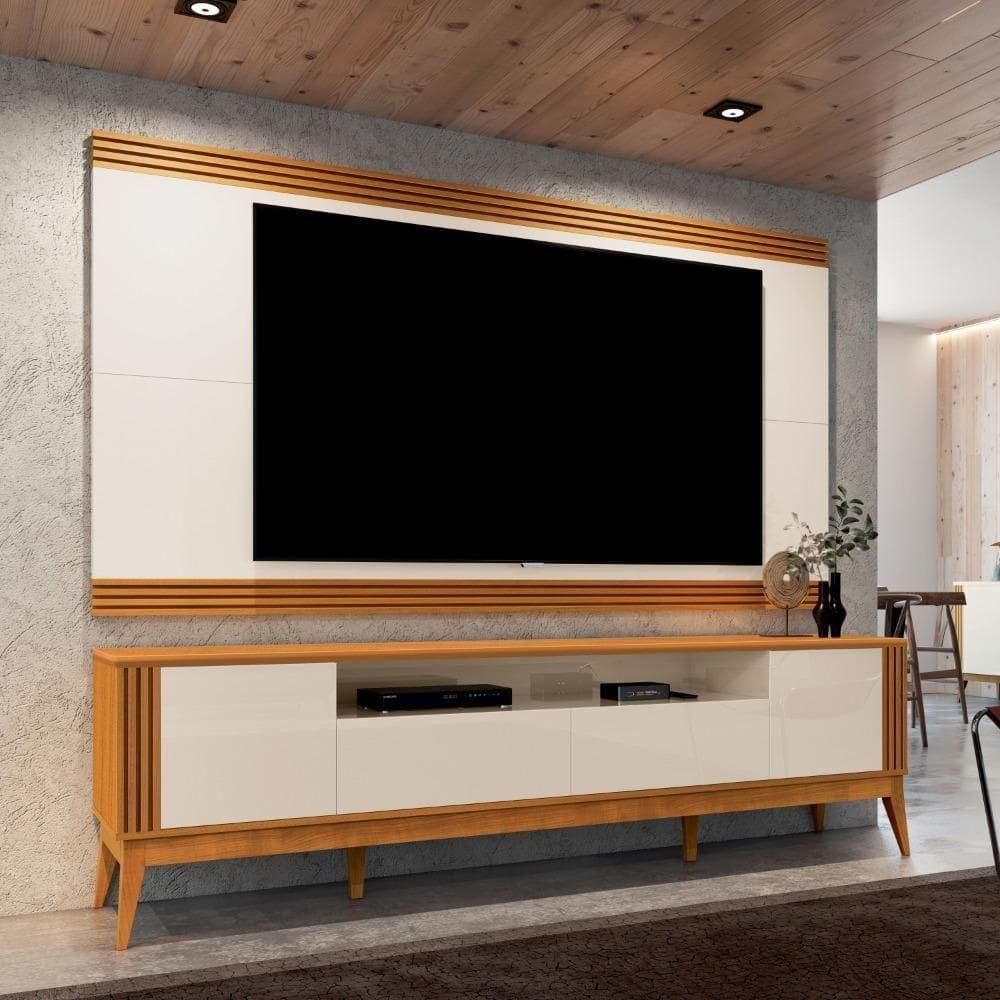 Rack Com Painel Ripado Para Tv Até 75\" 218cm Cedro/Offwhite