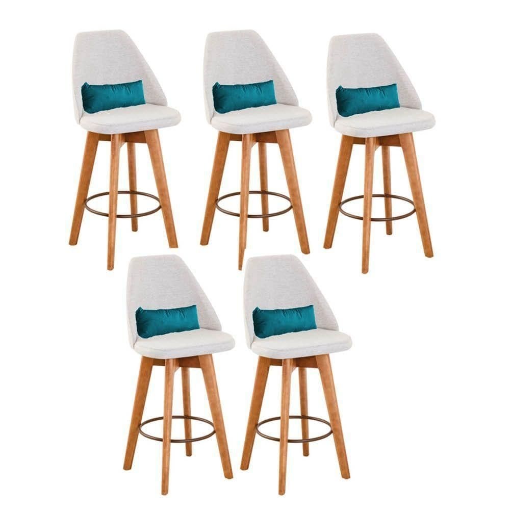 Kit 05 Banquetas Linho Bege E Almofada Suede Azul Turquesa