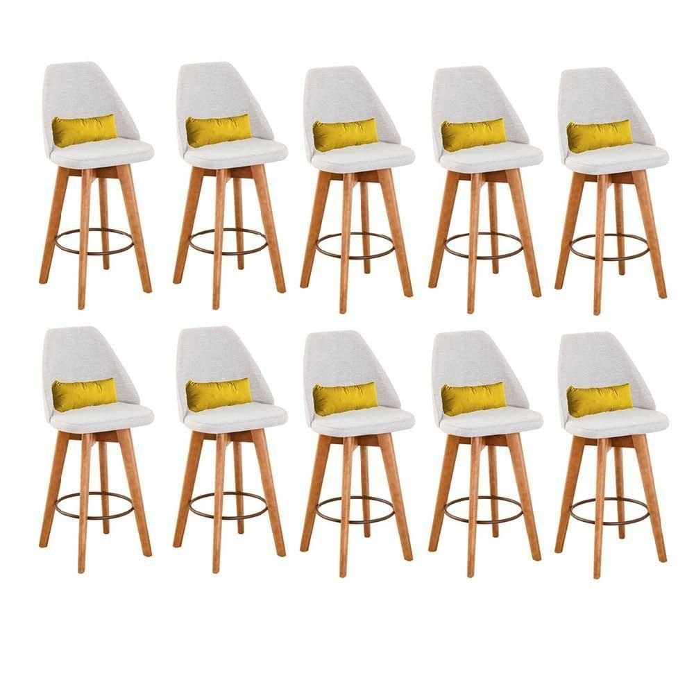Kit 10 Banquetas Linho Bege E Almofada Amarelo