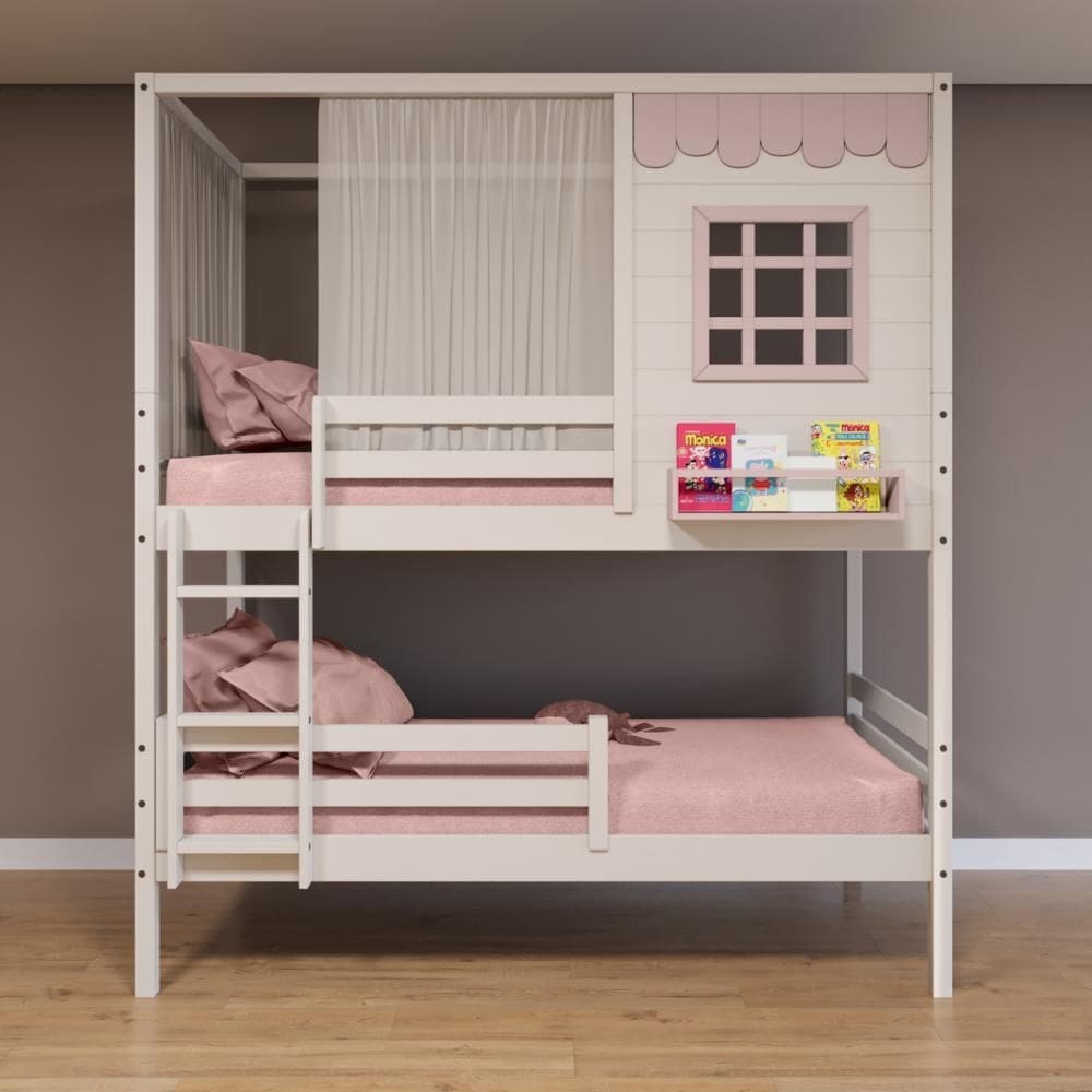 Beliche Casinha Reta com Grade Removível e Cortina Madeira Maciça Branco/ Rosa Housin