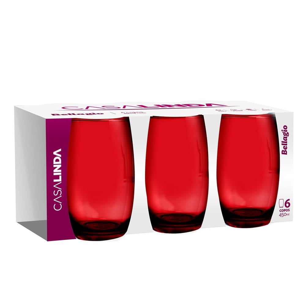 Kit 4 Jogos Copos Vidro Bellagio Vermelho Colorido 450ml