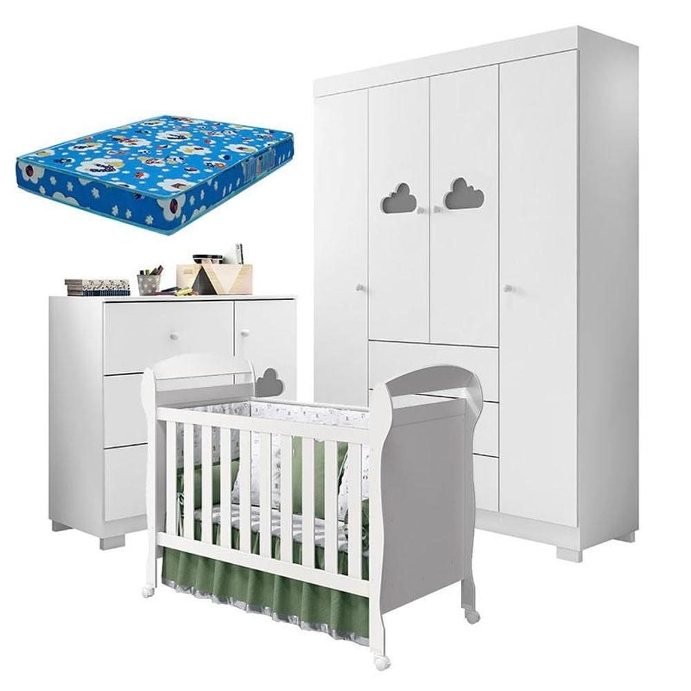 Quarto de Bebê Ane com Berço Americano Danny Branco Brilho e Colchão Ortobom – Phoenix Baby