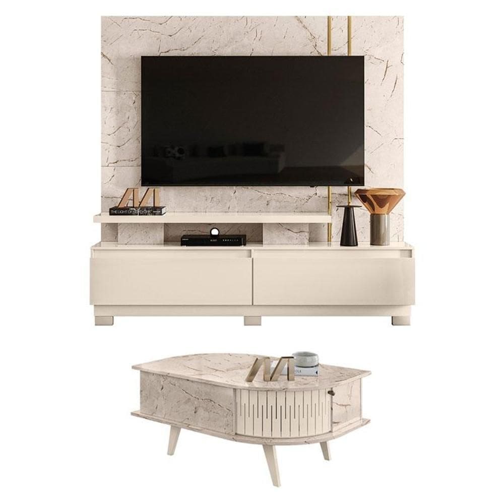 Estante Home Theater New Apolo com Pés com Mesa de Centro Indianápolis Calacata Off White – Madetec